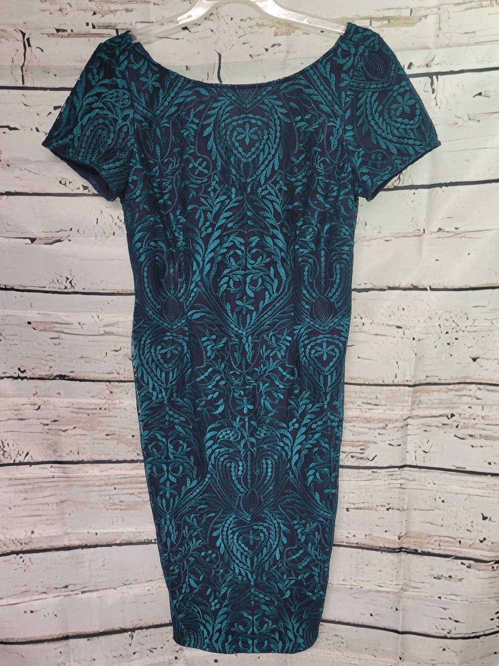 JS Collections Green And Black Jacquard Midi Sheath Dress Size 10 Cocktail Party
